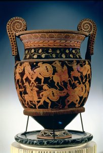 Krater voluta de figuras vermelhas representando a Batalha dos Gregos e das Amazonas, Apulian (cerâmica) (ver também 85030)